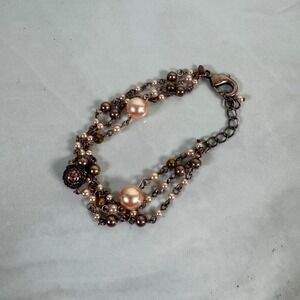 Premier Designs‎ Triple Strand Faux Pearl and Bead Bracelet Lobster Clasp